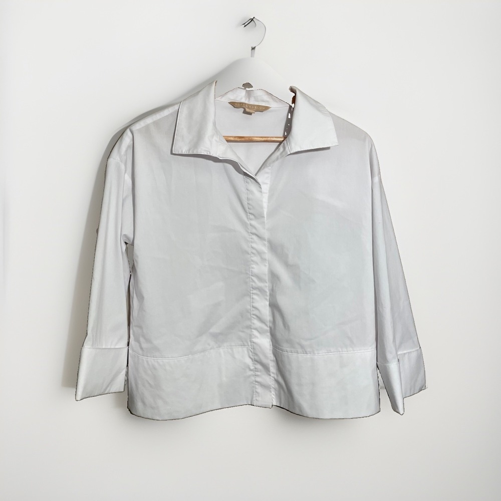 Hope & Harlow Button Blouse Cropped Women's Small Stretch Cotton White